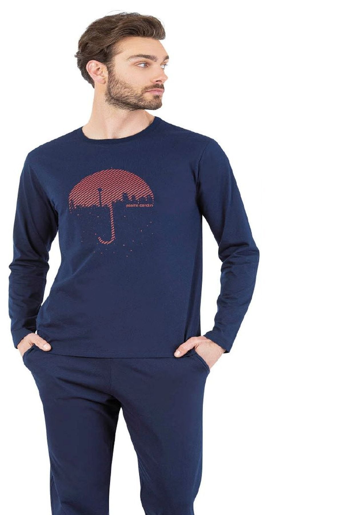 6070 Erkek Bordo Uzun Kollu Yuvarlak Yakalı Pijama Takım Lacivert - S