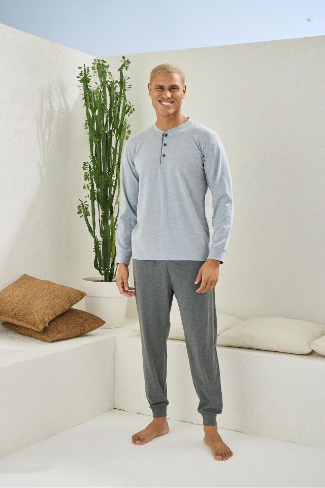 KLY 9136 Erkek Yarım Düğmeli Uzun Kollu Paçası Lastikli Battal Büyük Beden Pijama Takım
