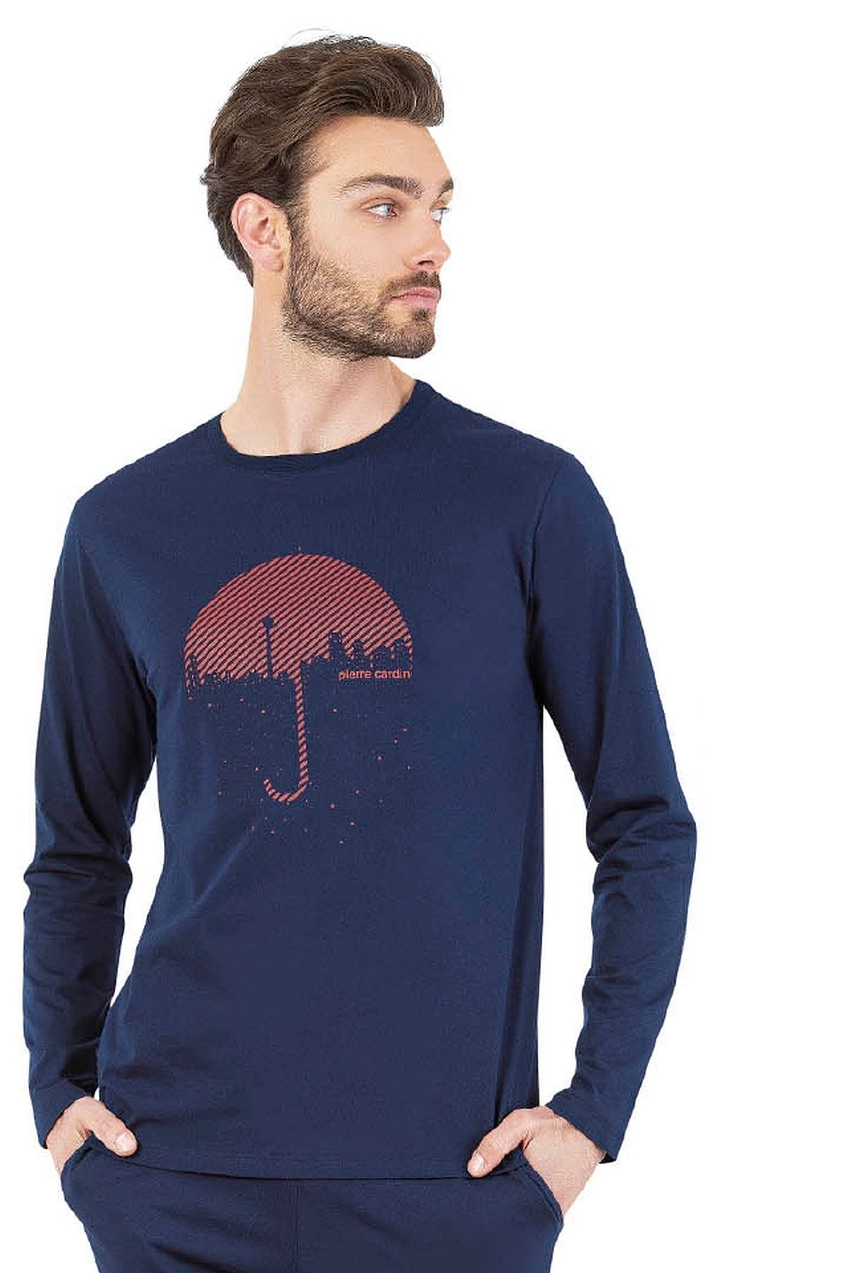 6070 Erkek Uzun Kollu Bisiklet Yaka Pijama Takımı-Lacivert Laci̇vert - XL