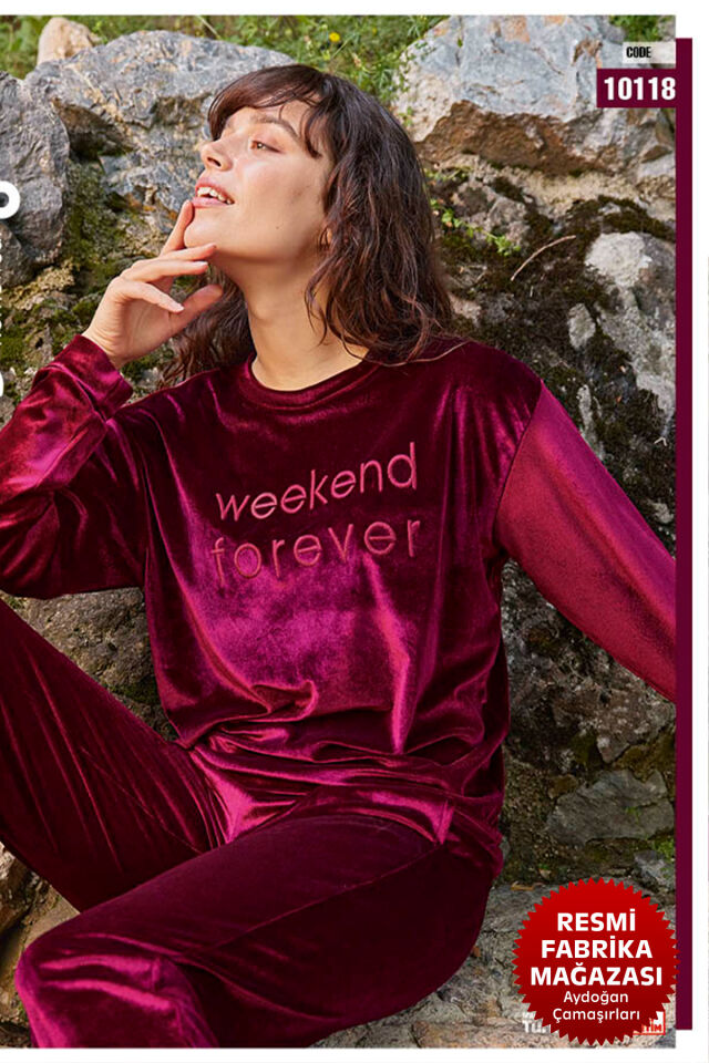 Kadın Fuşya Pijama Takımı Kadife Bisiklet Yaka Uzun Kol B1-4 - 10118 - Aydogan ® vişne - L