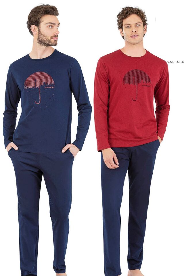 6070 Erkek Uzun Kollu Bisiklet Yaka Pijama Takımı-Lacivert Laci̇vert - M