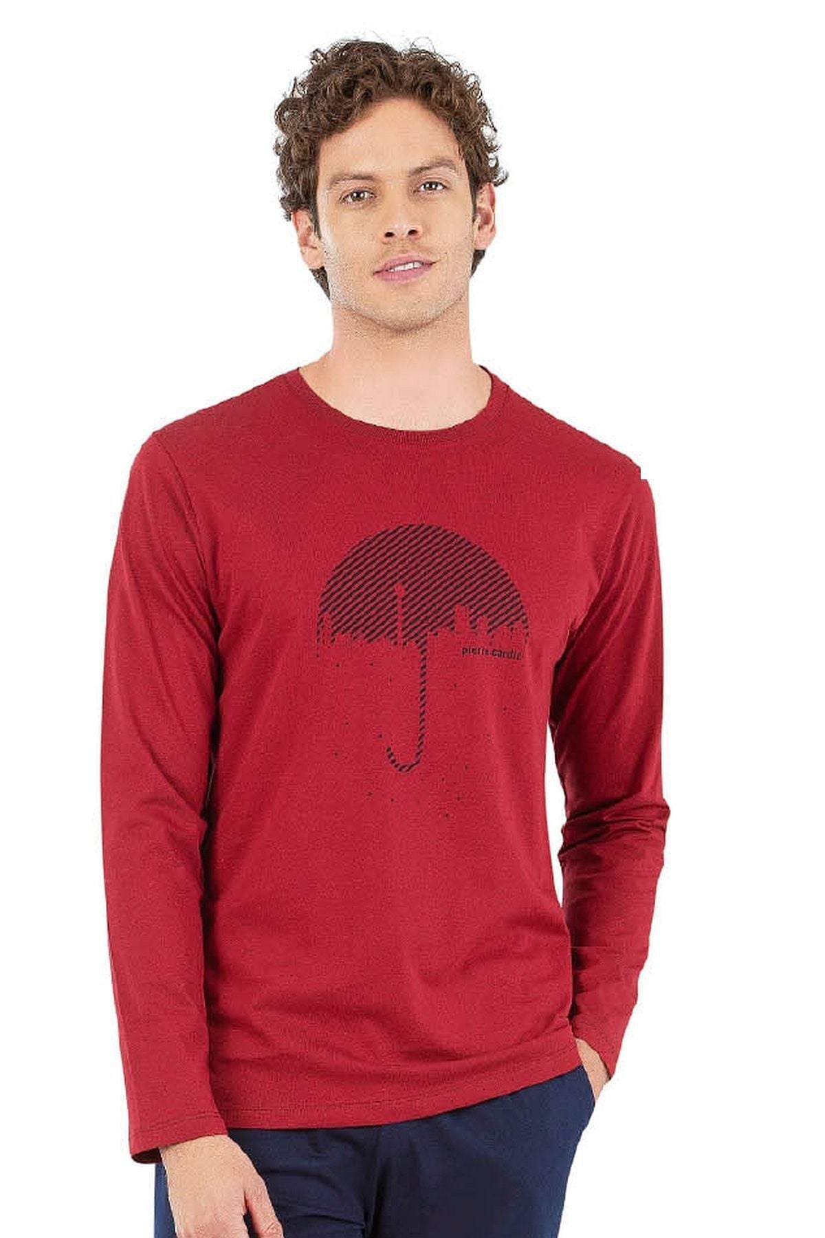 6070 Erkek Uzun Kollu Bisiklet Yaka Pijama Takımı-Lacivert Bordo - M