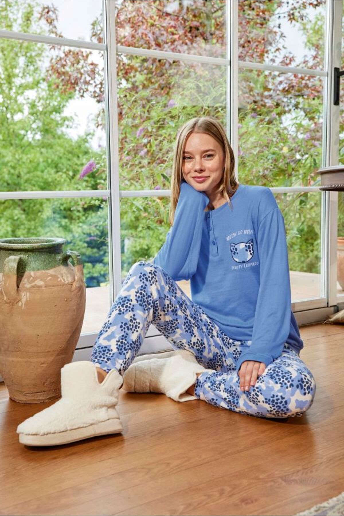 Kadın Uzun Kollu Termal Kışlık Pijama Takımı Mavi - M