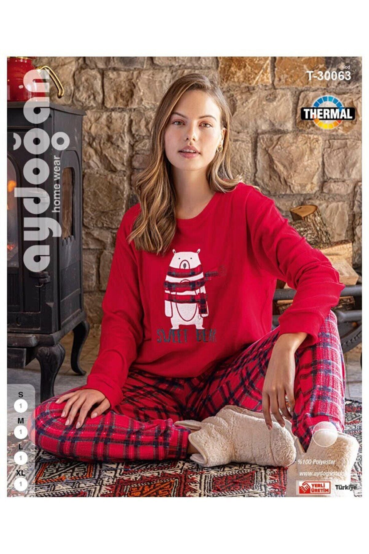 Kadın Termal Kırmızı Renk Pijama Takımı T-30063 Kırmızı - L