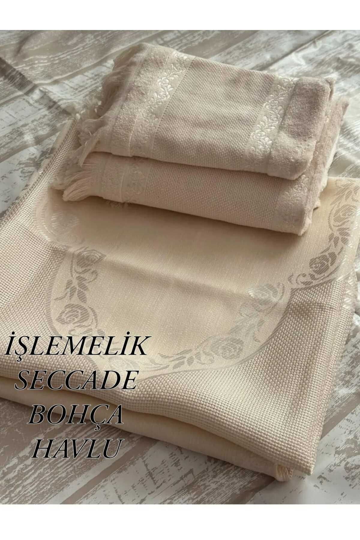 ETAMİN İŞLEMELİK SECCADE BOHÇA VE HAVLU . İŞLEMELİK SECCADE BOHÇA VE HAVLU 4 LÜ SET TAM TAKIM .
