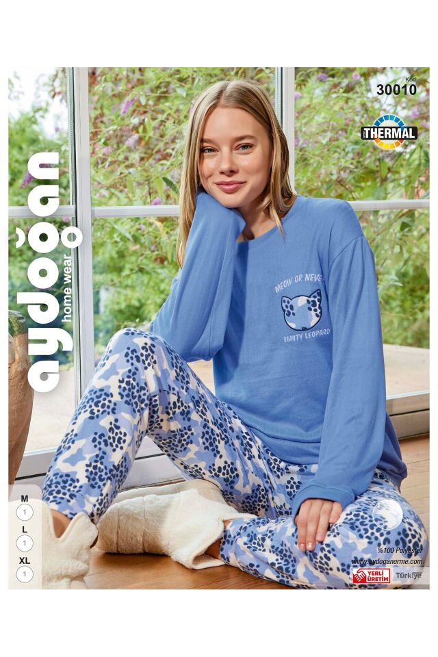 Kadın Pijama Takımı Mavi Kışlık Termal Bisiklet Yaka Uzun Kollu B4-4 - 30010 - Aydogan ® Mavi - L