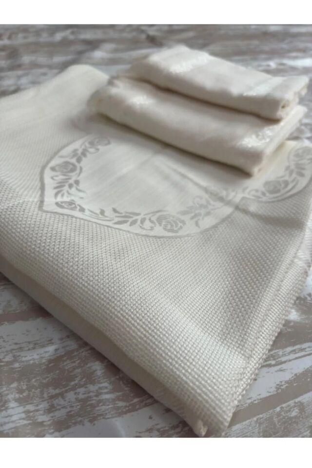 ETAMİN İŞLEMELİK TEK SECCADE VE KÜÇÜK BÜYÜK HAVLU . İŞLEMELİK SECCADE VE HAVLU 3 LÜ SET. KREM - 80 x 130