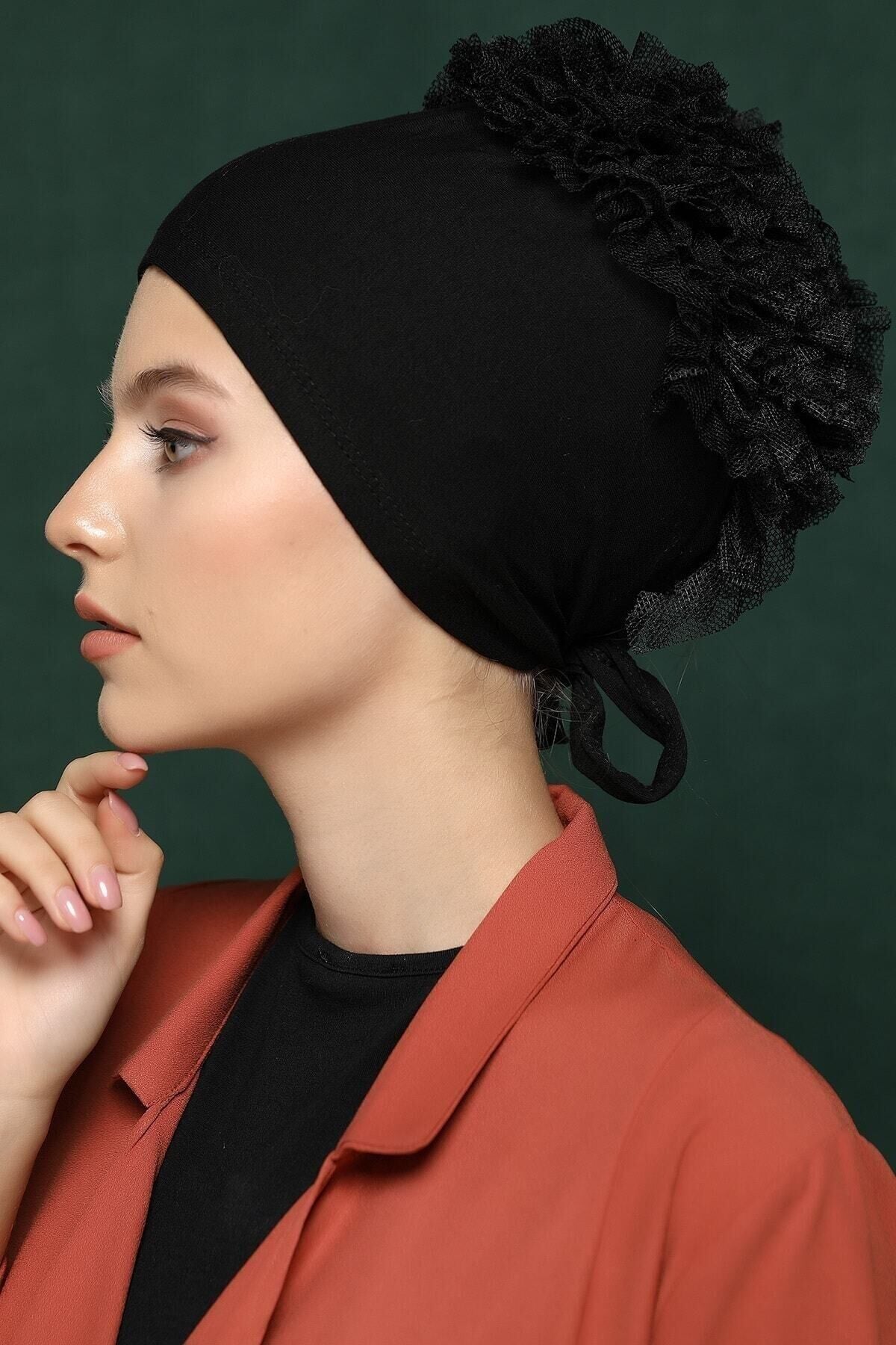 Fırfırlı Bone Siyah - Özel Tasarım- Yeni Model Tesettür impavido Giyim Siyah - Standart