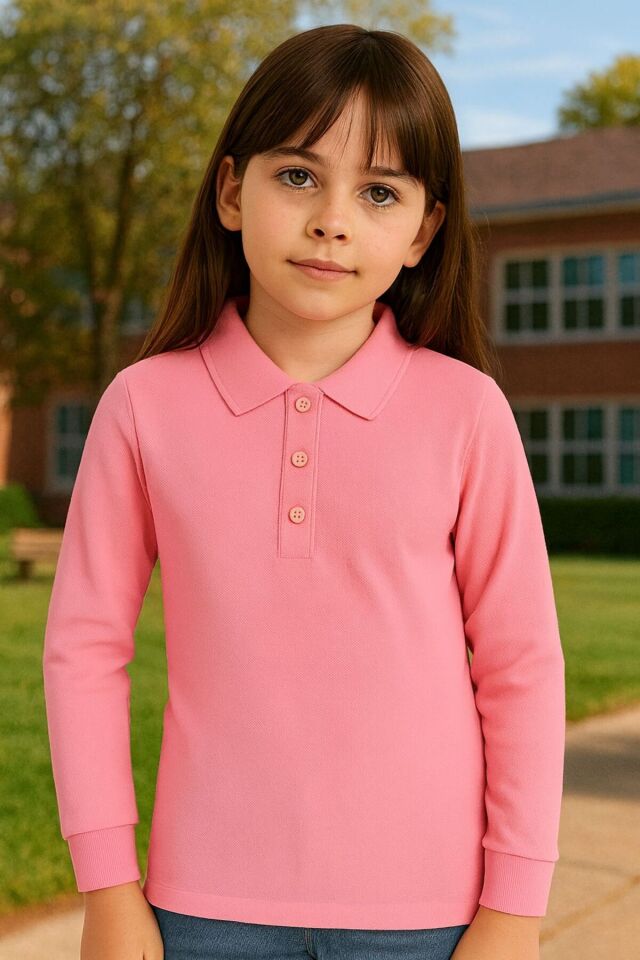 Çocuk Tişört Uzun Kollu Polo Yaka Tişört Seti Pamuklu Okul Üniforma ve Tişört 5-14 Yaş Pembe - 8-9 Yaş