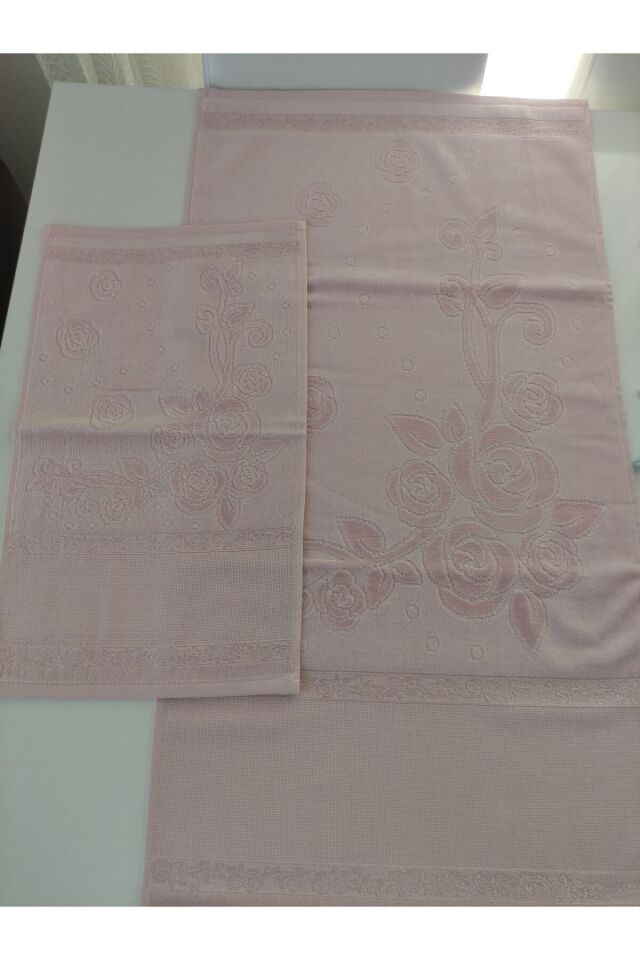 Kadife Havlu Takımı (2 Li) Analı Kızlı (el Yüz Ve Mutfak Havlusu) Etamin Boşluklu Pembe Renk