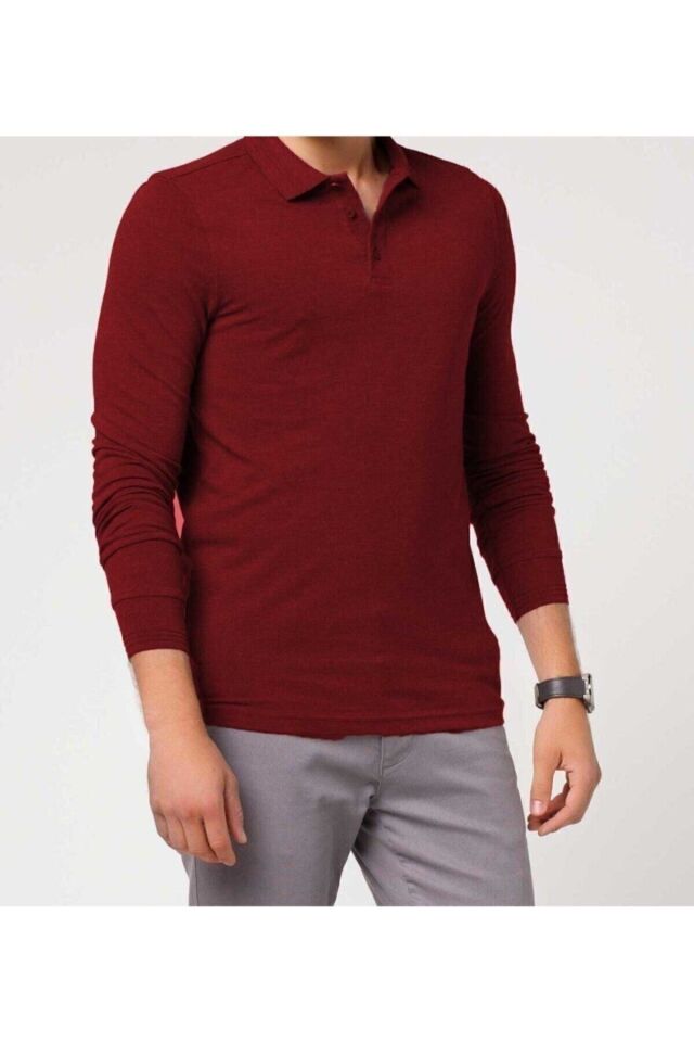 Bordo Polo Yaka Uzun Kol Çocuk Okul T-shirt Bordo - 9-10 Yaş