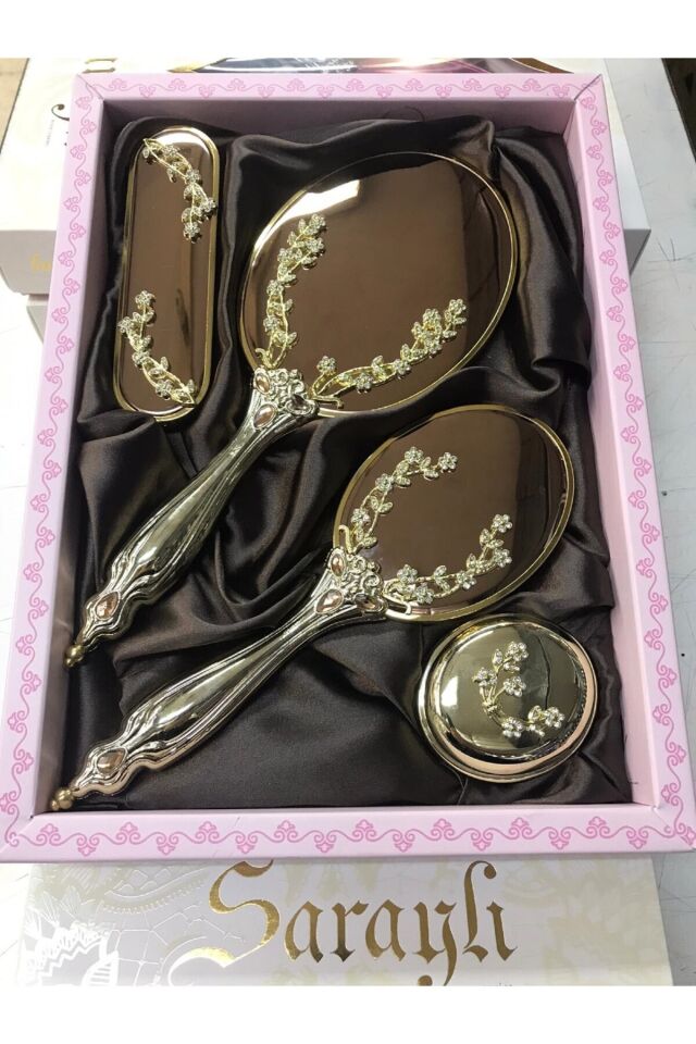 Saraylı Lüks Ayna Tarak Seti, 4'lü Bronz