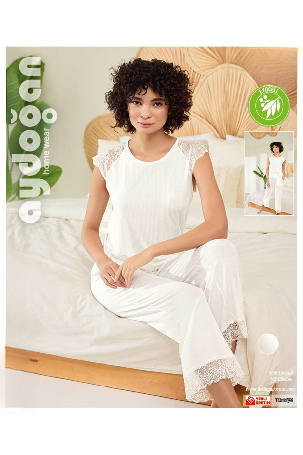 Kadın Beyaz %95 Lyocell %5 Elastan Dantel Detaylı Kap Kol Pijama Takımı Beyaz - M