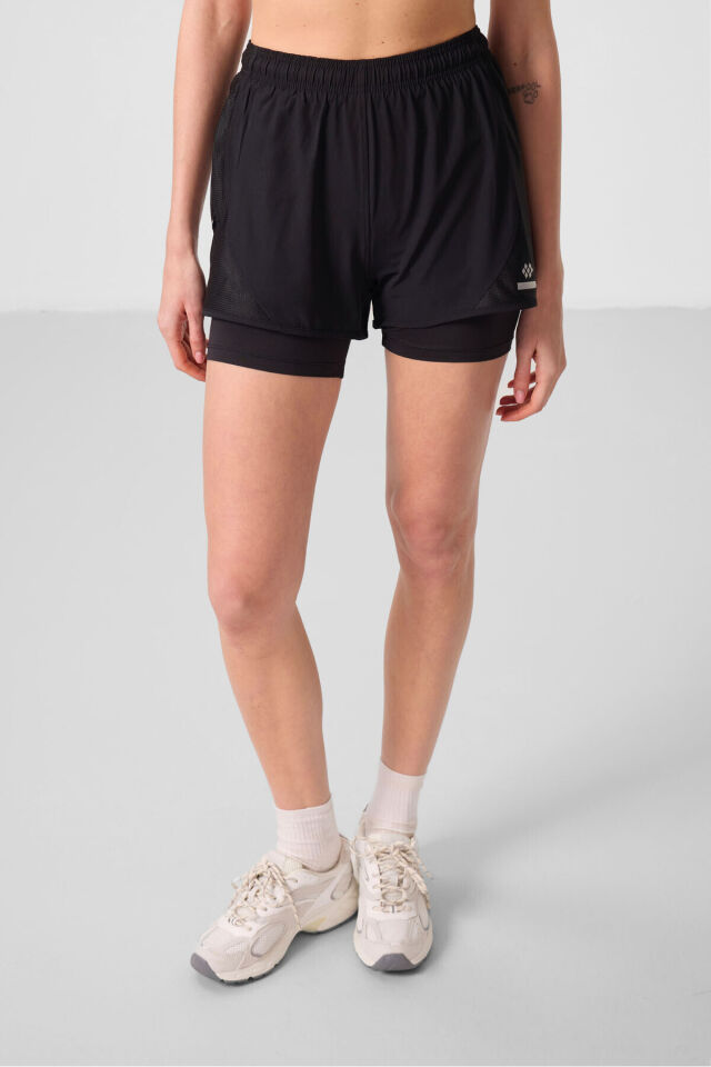 Siyah Gizli Cep Fermuarlı Standart Kalıp Kadın İçi Taytlı Şort - 91015 Siyah - XL