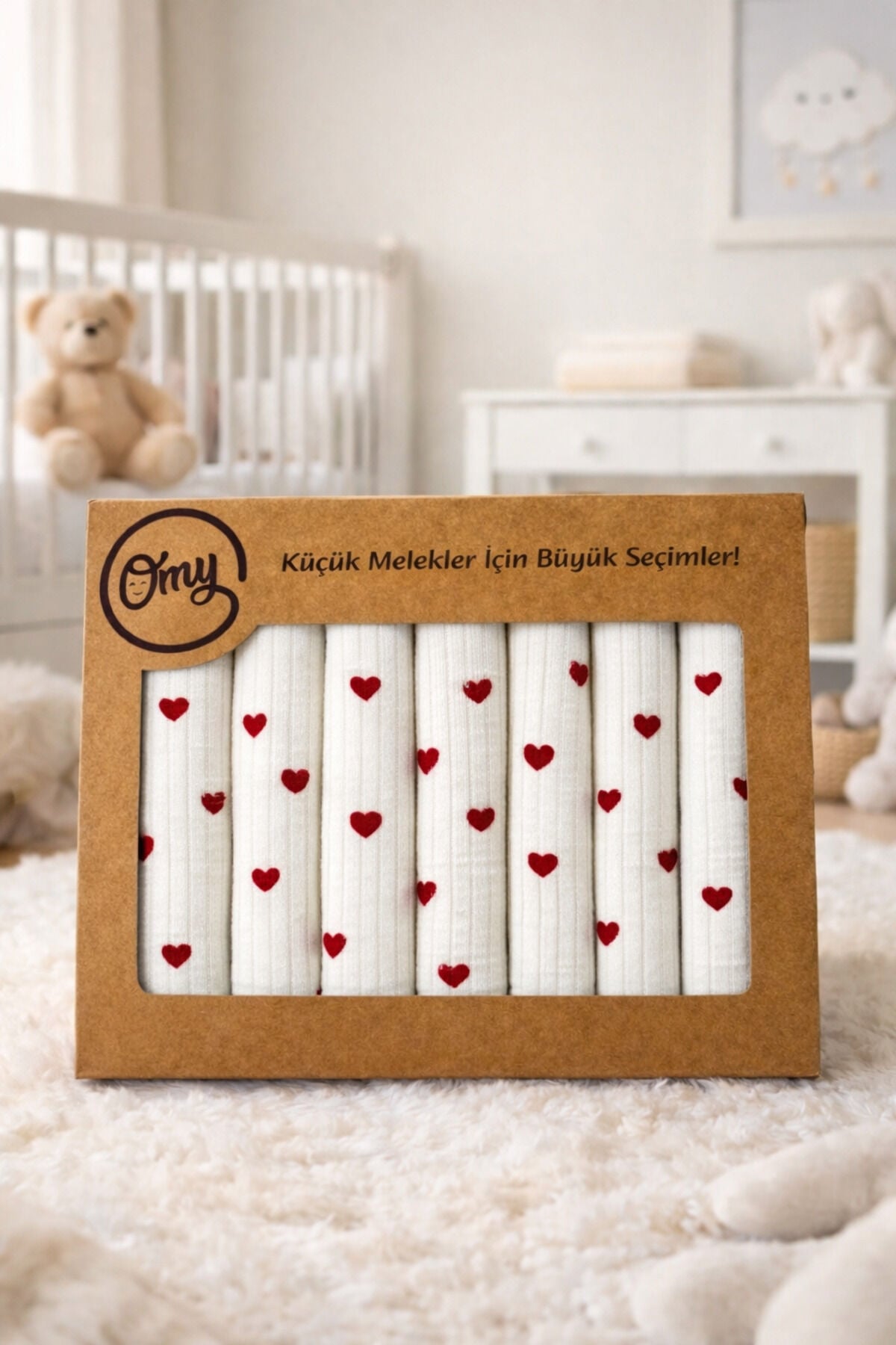 7'Lİ BEBEK AĞIZ SİLME MENDİLİ KUTULU HEDİYELİK DESENLİ Kalp