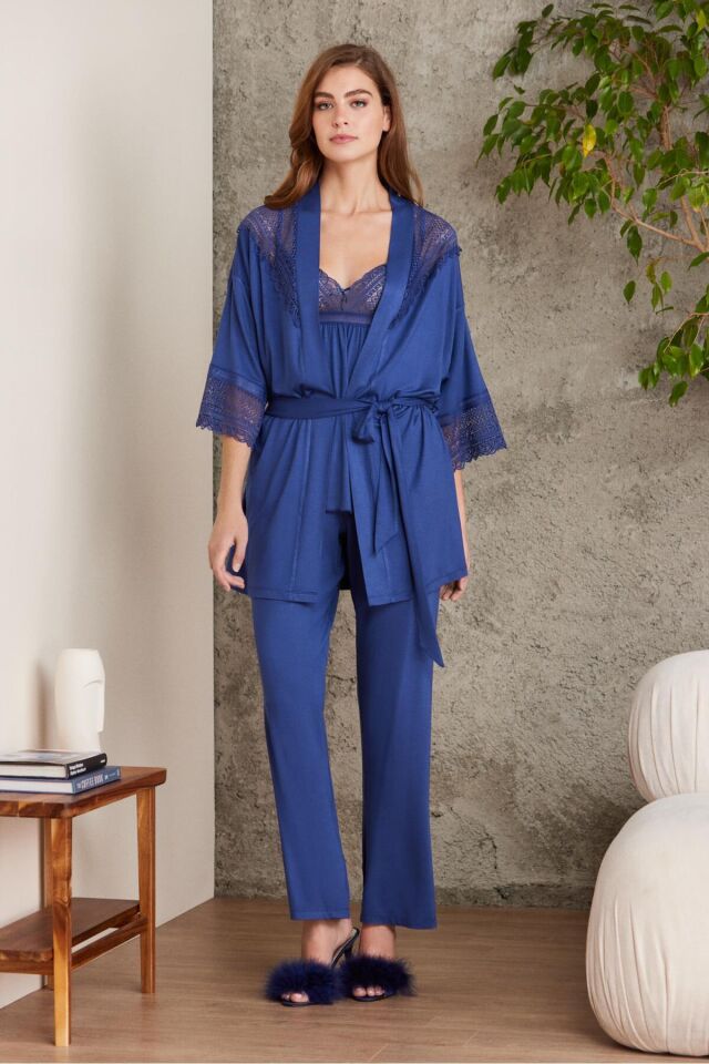 Dantelli Penye 3'lü Lohusa Pijama Takımı - 2820 Lacivert Lacivert - XL