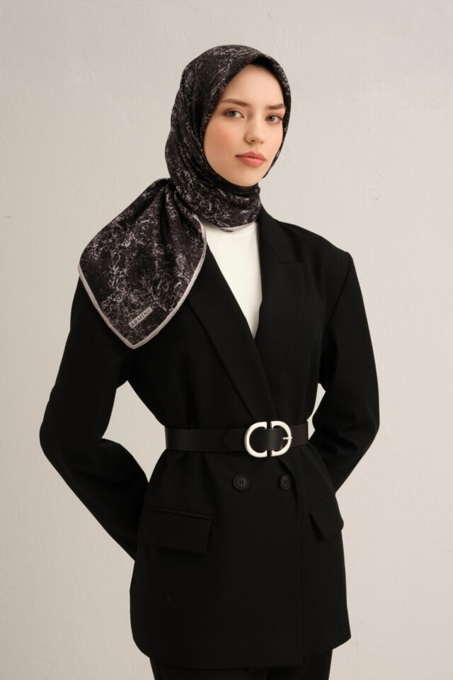 Twill İpek Eşarp 9311D Siyah - Gri - 90X90