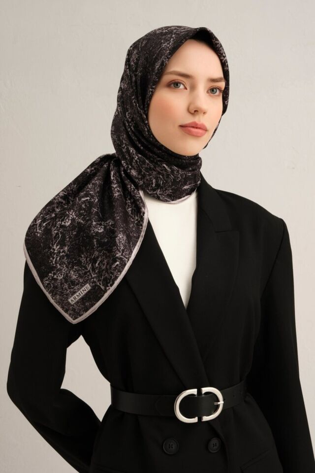 Twill İpek Eşarp 9311D Siyah - Gri - 90X90