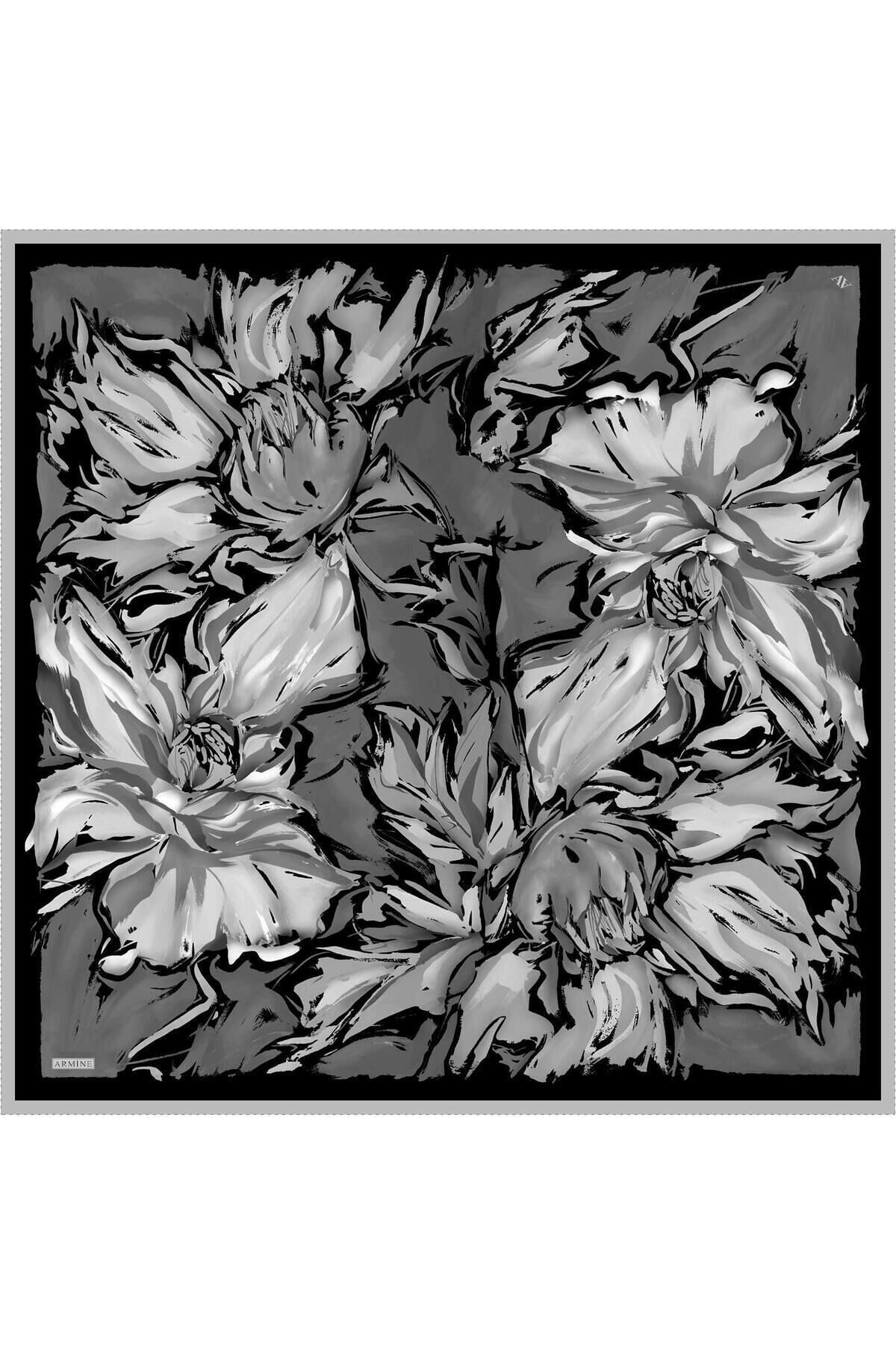 Çiçek Desenli Saf İpek Twill Eşarp 9337D 86 Siyah Gri - 90X90