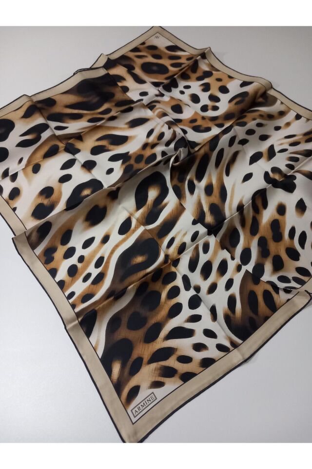Siyah Karamel Leopar Desen Saf İpek Tivil Dokuma Eşarp-E25YA9320D02-34-KVS0673