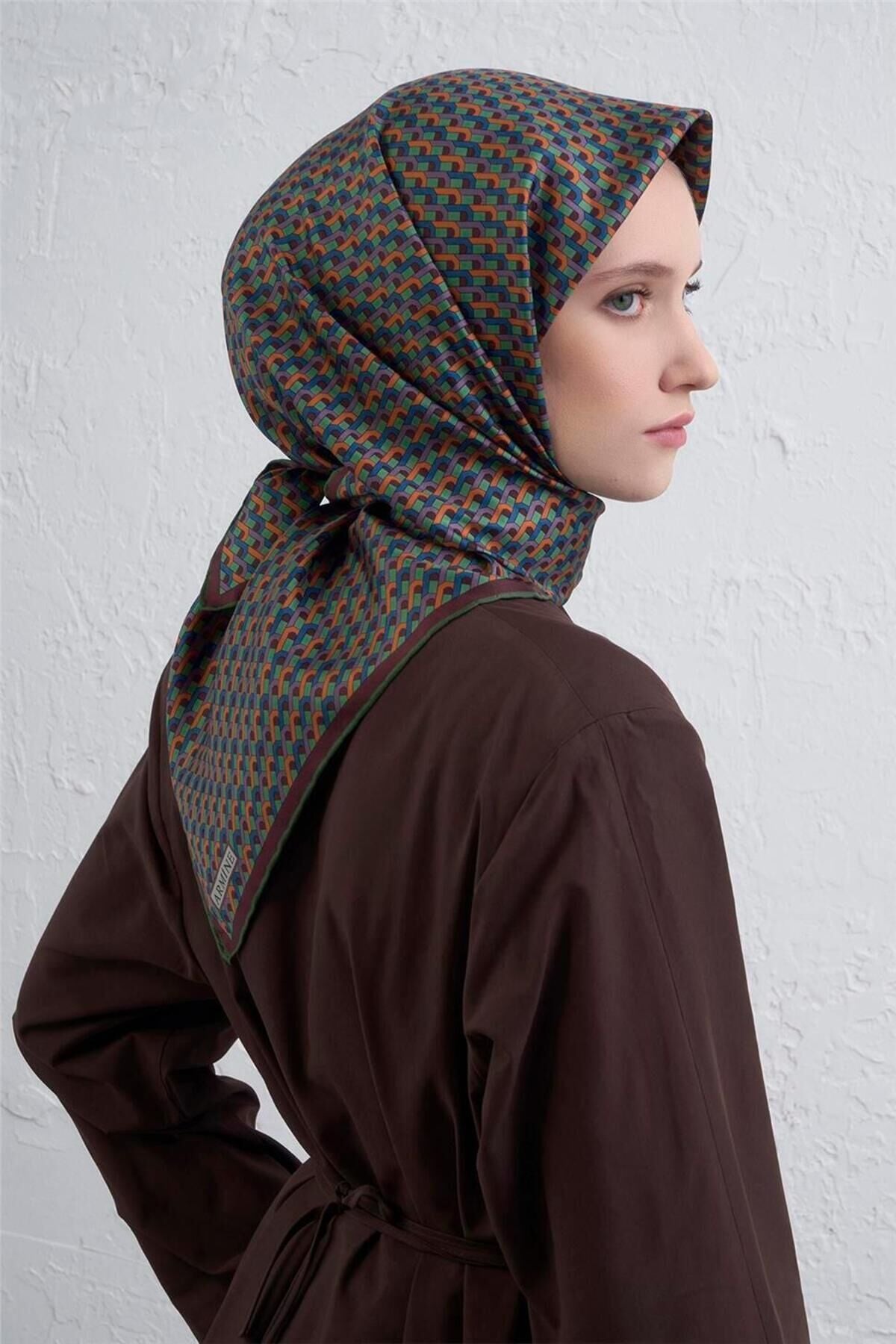 Geometrik Desenli Saf İpek Twill Eşarp 9417D 52 Bordo Kiremit Yeşil