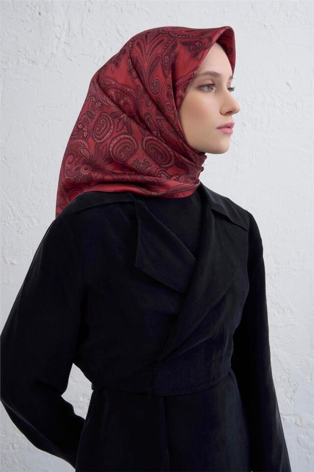 Etnik Desen Saf İpek Twill Eşarp 9421D 85 Kırmızı