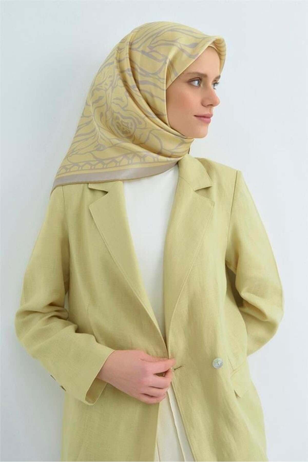 Tivil Saf İpek Eşarp 9511 - 34 Gri Sarı Soyut Desen Gri