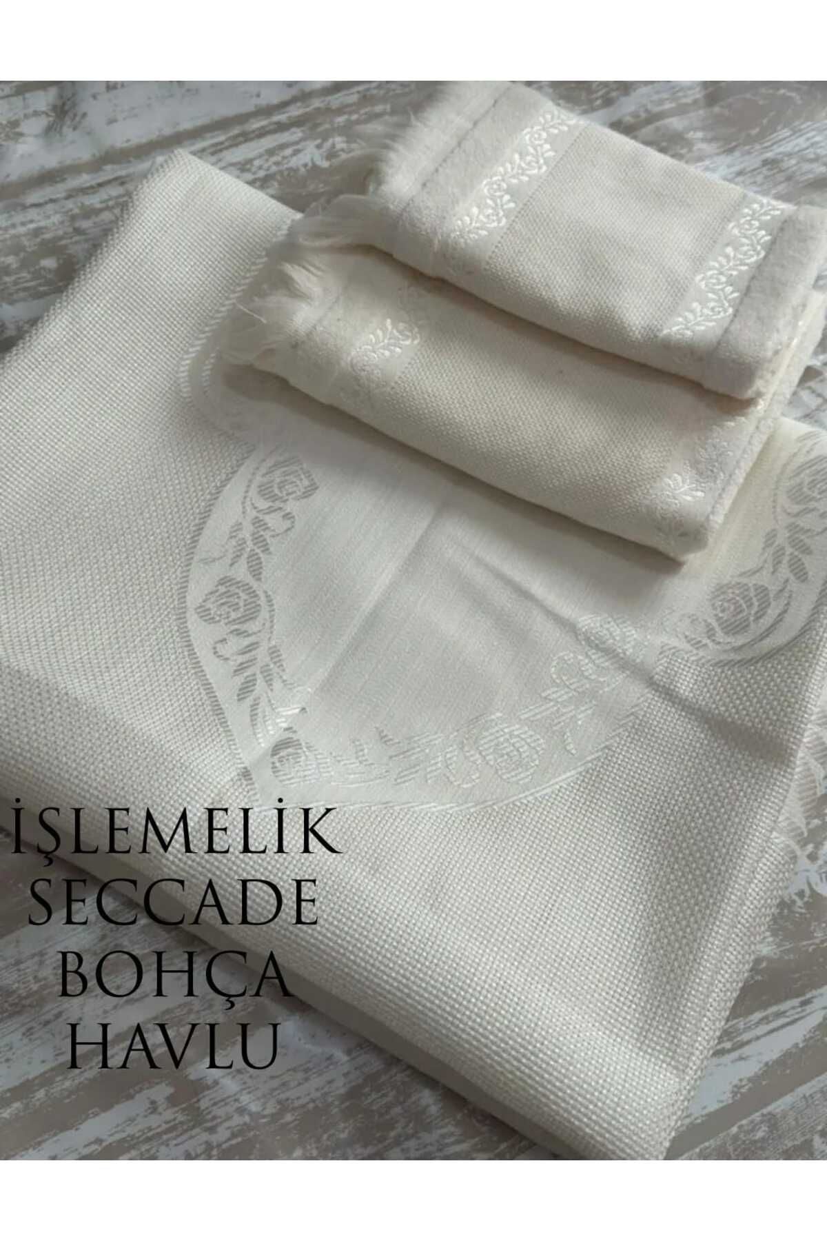 ETAMİN İŞLEMELİK SECCADE BOHÇA VE HAVLU . İŞLEMELİK SECCADE BOHÇA VE HAVLU 4 LÜ SET TAM TAKIM . Krem