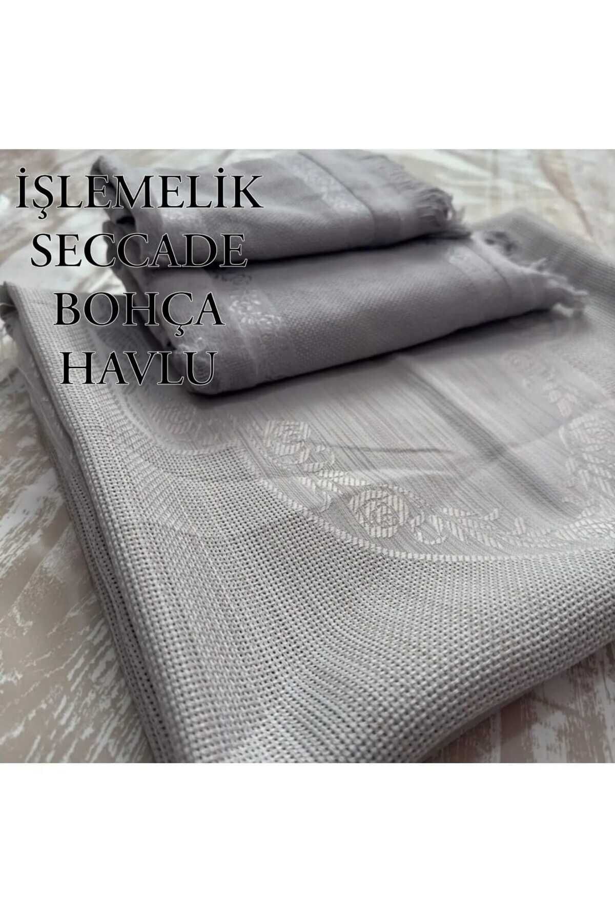 ETAMİN İŞLEMELİK SECCADE BOHÇA VE HAVLU . İŞLEMELİK SECCADE BOHÇA VE HAVLU 4 LÜ SET TAM TAKIM . Gri̇