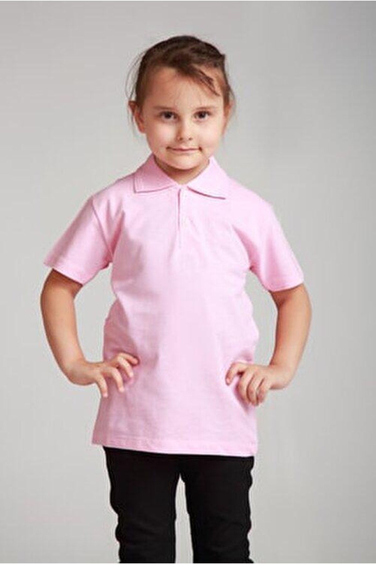 Pembe Unısex Penye Polo Yaka Okul Tişörtü Pembe - 10-11 Yaş