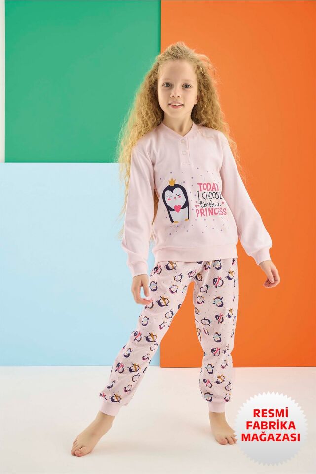 Kız Çocuk Interlok Uzun Kollu Kışlık Pudra Pijama Takımı %100 Pamuk - 1690 - Aydogan ® Pudra - 6