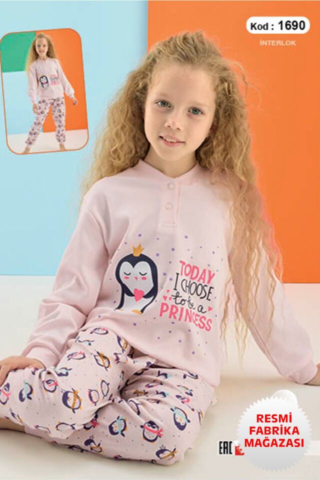 Kız Çocuk Interlok Uzun Kollu Kışlık Pudra Pijama Takımı %100 Pamuk - 1690 - Aydogan ® Pudra - 6