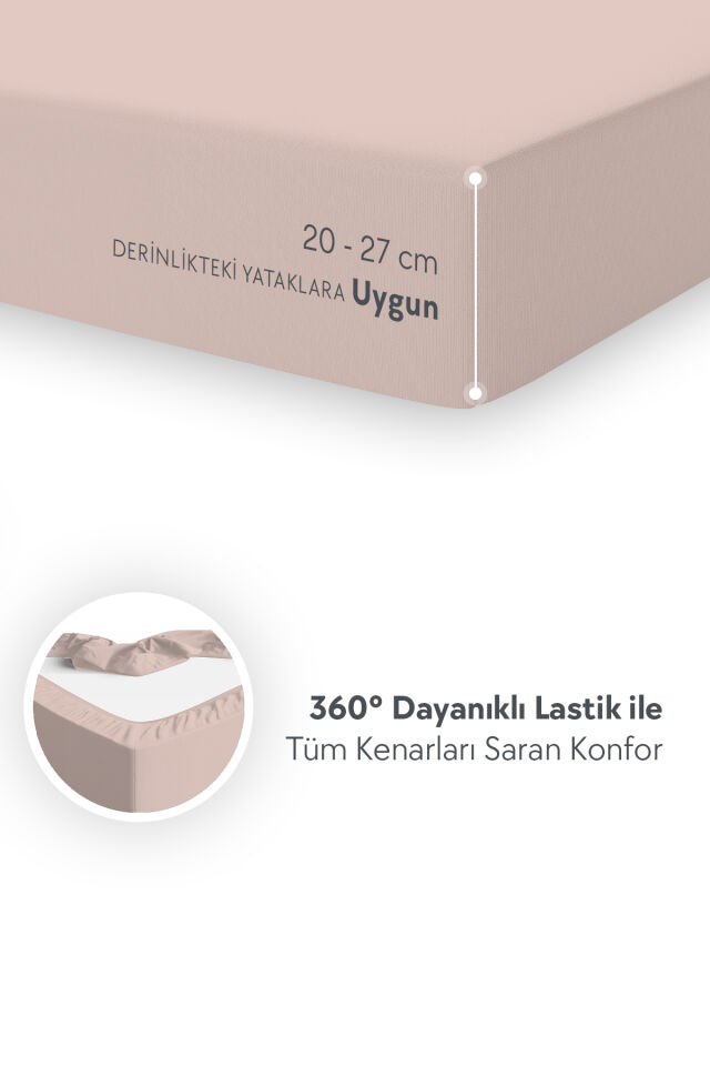 %100 Pamuk Penye Lastikli Çarşaf - Tek | Çift Kişilik | Battal King Size - Pudra Pudra - Çift Kişilik